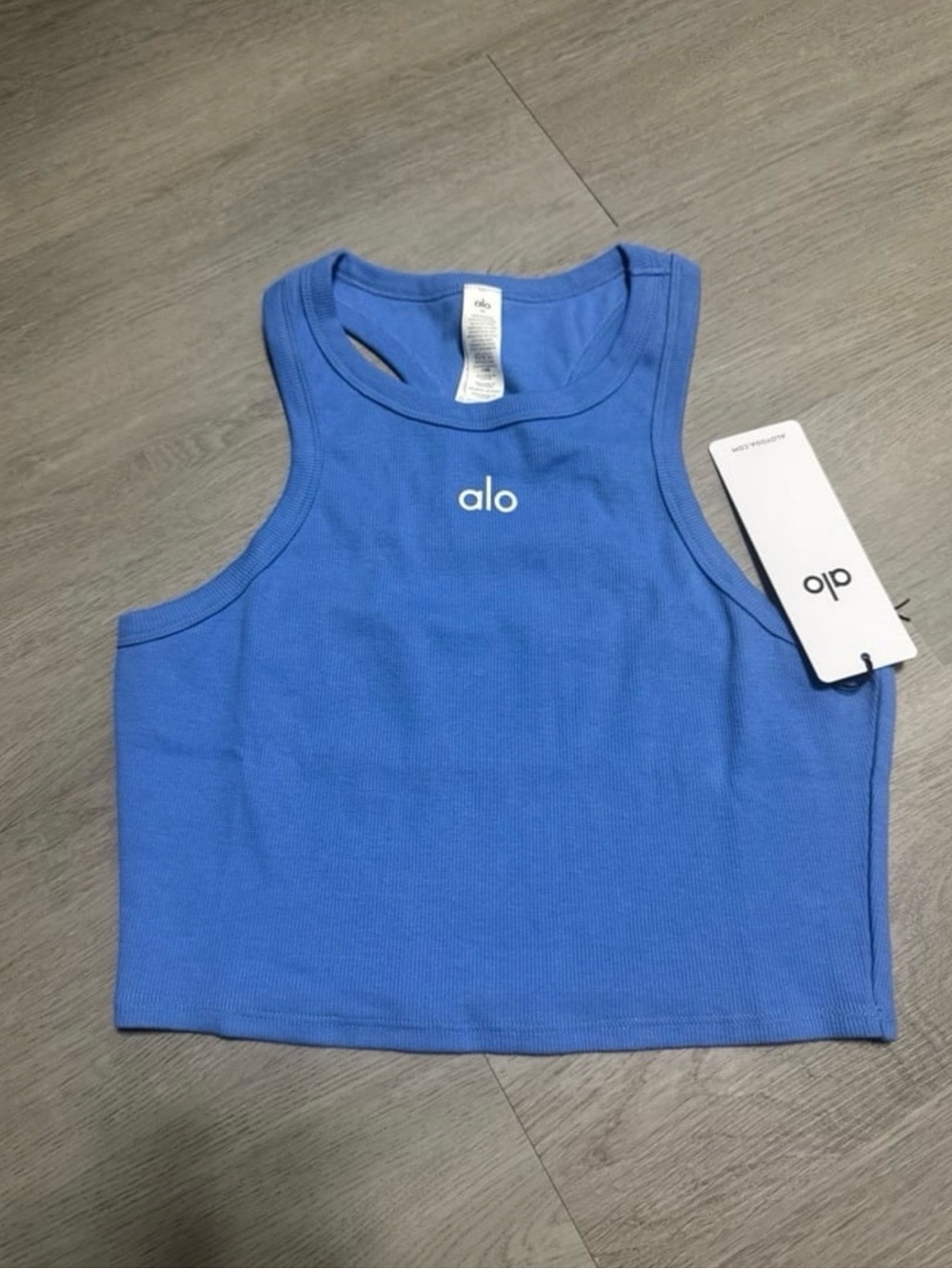 Alo Women’s Aspire Cropped Crystal Blue Ribbed Athletic Tank Top Sz Small